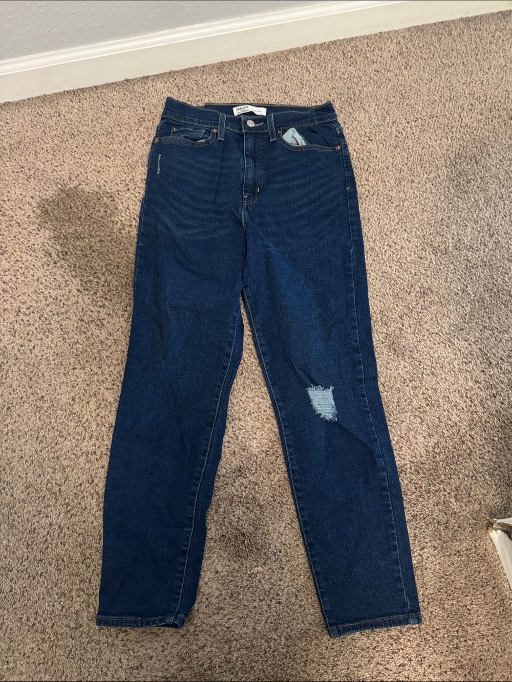 Levi's Dark Indigo High-Rise Straight Jeans with Knee Rip
